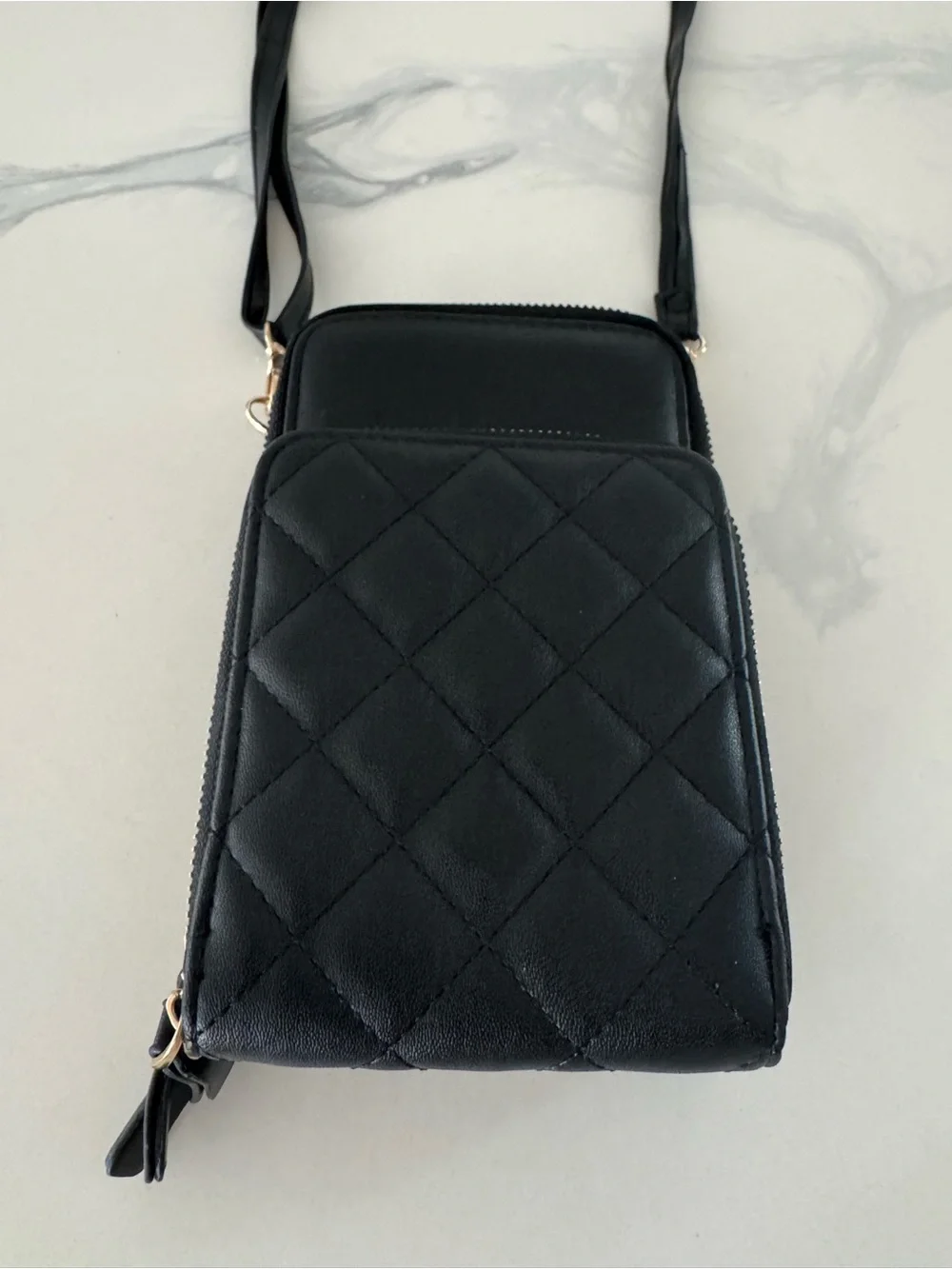 Elegant Black Crossbody Bag with Gold Accents - Minimalist Carry